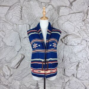 Ralph Ralph Lauren c. 1990s Leather Trim Sweater Vest Chimayo Print Navy | L
